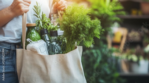 A trendy eco-friendly tote bag with reusable items, representing sustainable shopping habits, Sustainable living scene photo