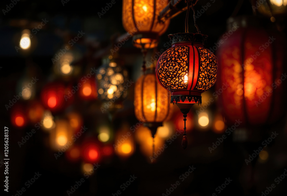 Glowing Red Lanterns Night Festive Lights Asian Decor Glowing Red Lanterns Night Festive Lights Asian Decor