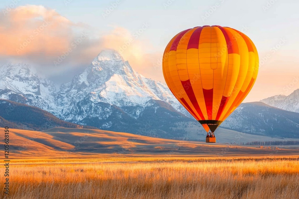 Fototapeta premium A hot air balloon floating over the Jackson Hole Valley, with the Tetons providing a stunning backdrop