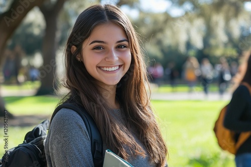 Happy Smiling College Student Girl Outdoors Campus Backpack Education day grey hair long park woman young brown trees light model 