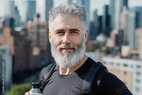 Portrait of a Mature Man with Gray Beard Outdoors in City Background  Smiling Happy Healthy Lifestyle  Active Senior Male Model   
