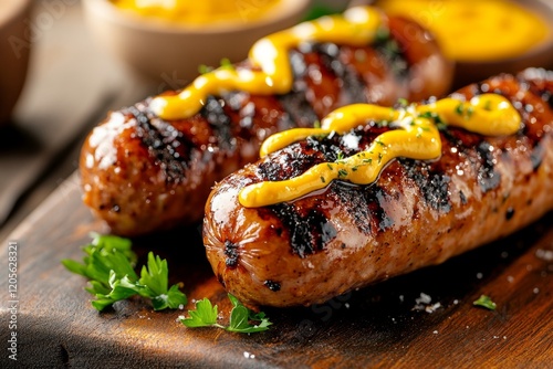 A hyper-realistic close-up of a freshly grilled wurst, with charred grill marks, juices glistening, and mustard drizzled on top photo