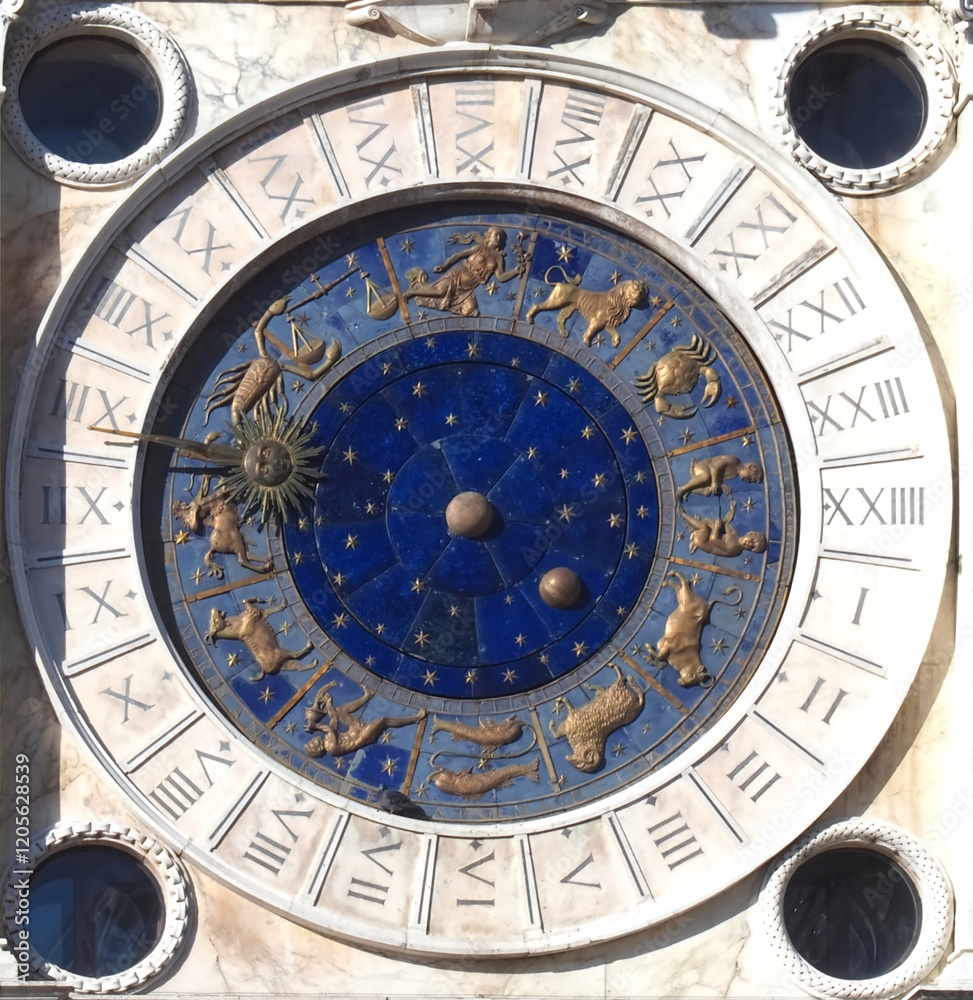 Fototapeta premium Sundial with zodiacal signs and a golden sun at St. Marks square in Venice