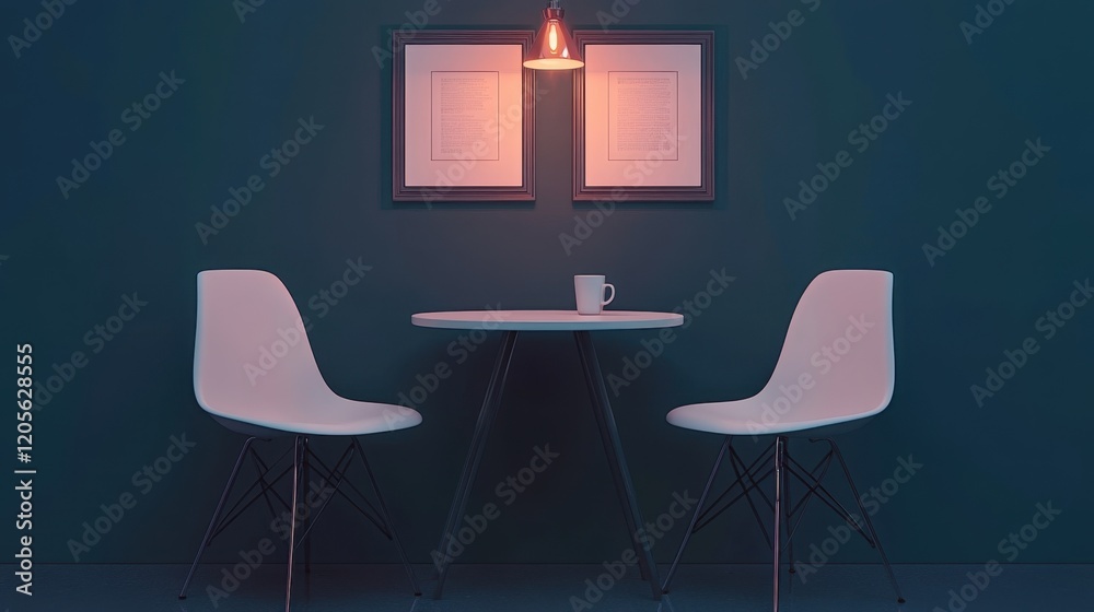 A clean dining space with a small round table and two simple chairs. A clean dining space with a small round table and two simple chairs.