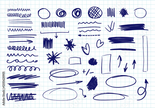 Big set of hand drawn arrows, frames, ovals, blobs and squiggles. Vector collection of design elements.