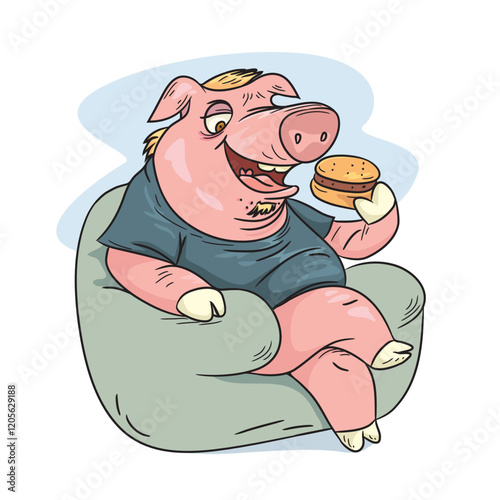 A pig sitting on sofa eating a hamburger. Overweight concept. cartoon vector illustration. 