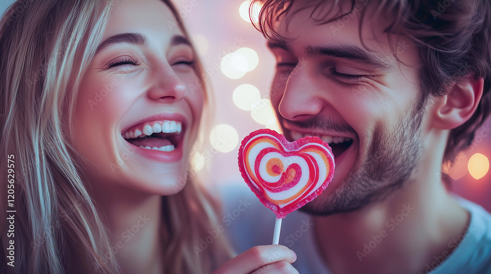 Happy couple sharing a sweet moment while enjoying a colorful heart-shaped lollipop indoors at a festive event Happy couple sharing a sweet moment while enjoying a colorful heart-shaped lollipop indoors at a festive event