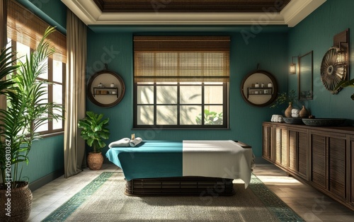 Tranquil Ayurvedic wellness center with teal ivory green decor photo