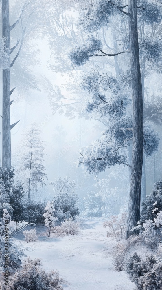 Fototapeta premium A serene winter forest scene with calm, snow-covered trees and soft light.