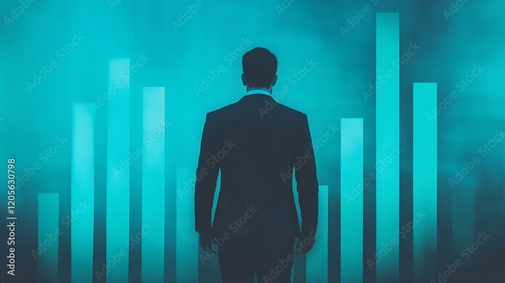 Fototapeta premium Confident Businessman Walking Amid Glowing Financial Growth Visualization