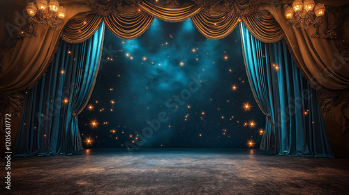  Majestic theater stage with ornate curtains and starry night backdrop for enchanting performances. Copy space