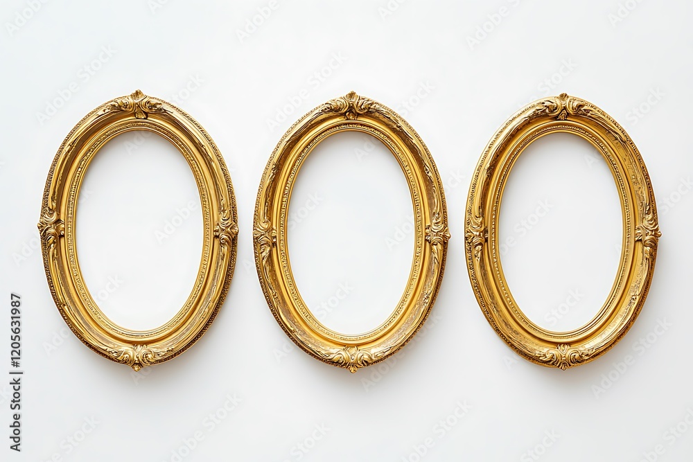 Three Antique-Style Gold Oval Picture Frames Against White Background Three Antique-Style Gold Oval Picture Frames Against White Background