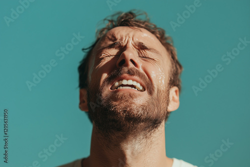 a man is crying and tears are seen coming out of her eyes dripping down her cheeks. against yellow background