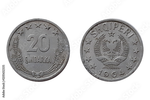 20 Qindarka 1964 coin. Albania coin. 20 Qindarka 1964 Obverse and Reverse coin on white background
