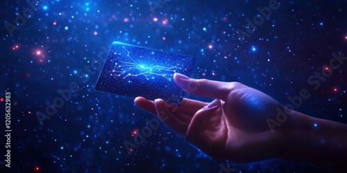Hand Holding Futuristic Card Starry Cosmic Landscape