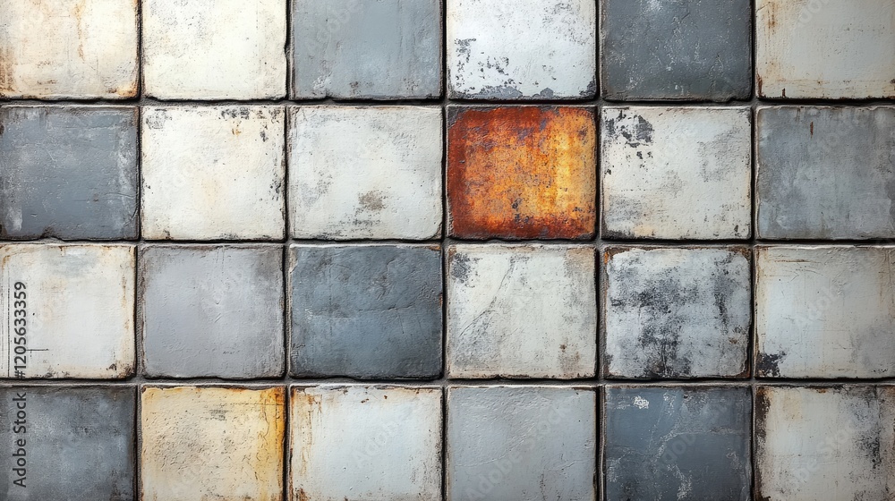Naklejka premium Aerial view of an industrial tiled surface showcasing a mix of gray and rusty metal tiles