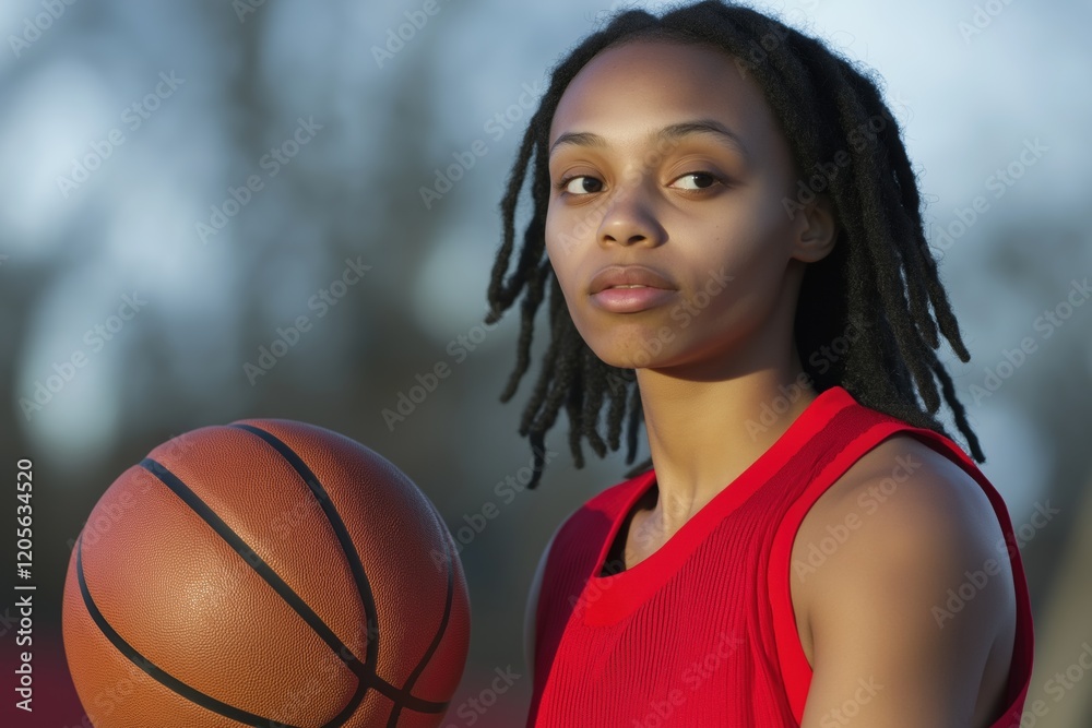 A woman with dreadlocks is holding a basketball. She is wearing a red shirt and is looking at the camera A woman with dreadlocks is holding a basketball. She is wearing a red shirt and is looking at the camera