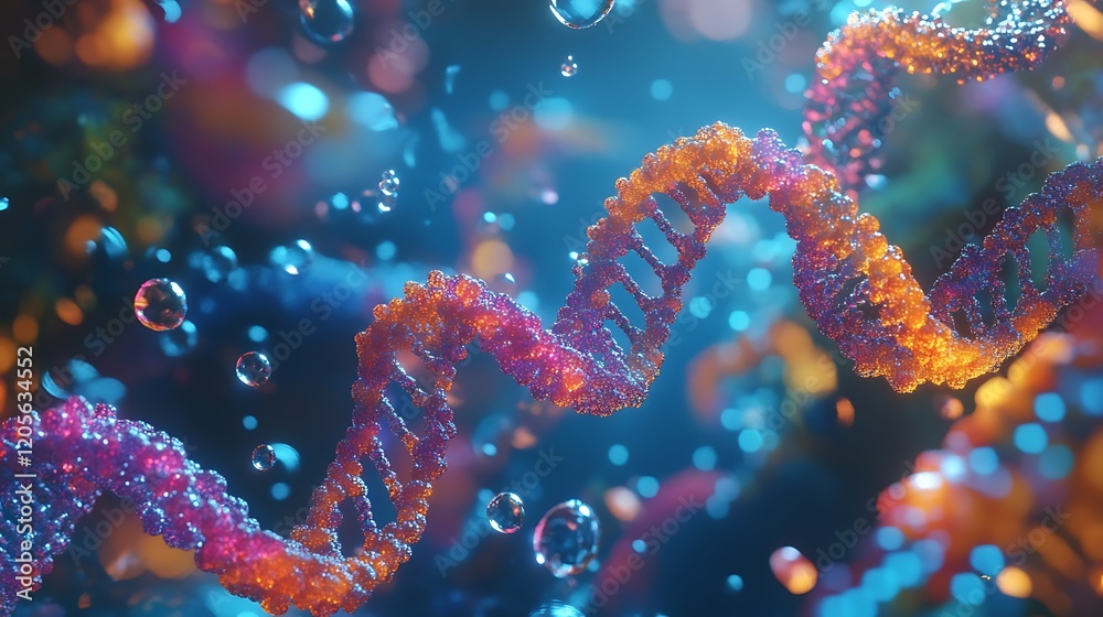 Close-up of a Colorful DNA Double Helix with Floating Bubbles Close-up of a Colorful DNA Double Helix with Floating Bubbles
