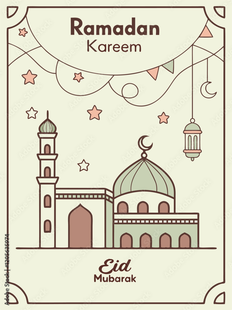 Naklejka premium Ramadan kareem and islamic line mosque. Greeting card islamic celebration background for graphic design vector stock illustration