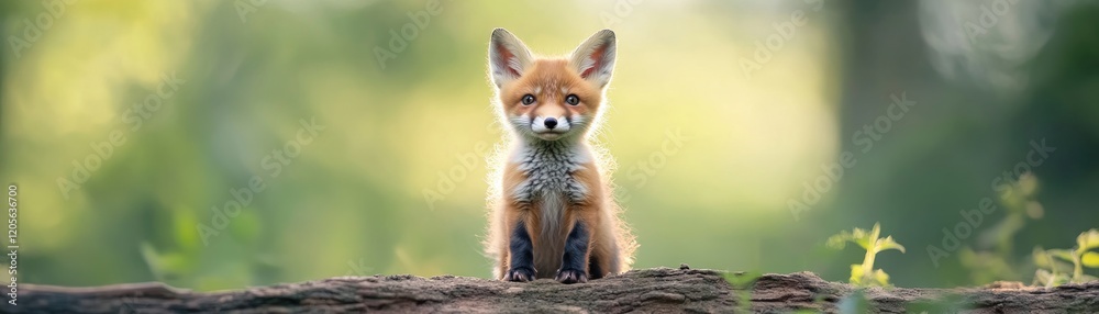 Obraz premium Adorable Baby Fox Posing in a Vibrant Forest Clearing Stunning Wildlife Photography Featuring Soft Sunlight Highlighting its Fluffy Fur This captivating image showcases the beauty of nature, perfect
