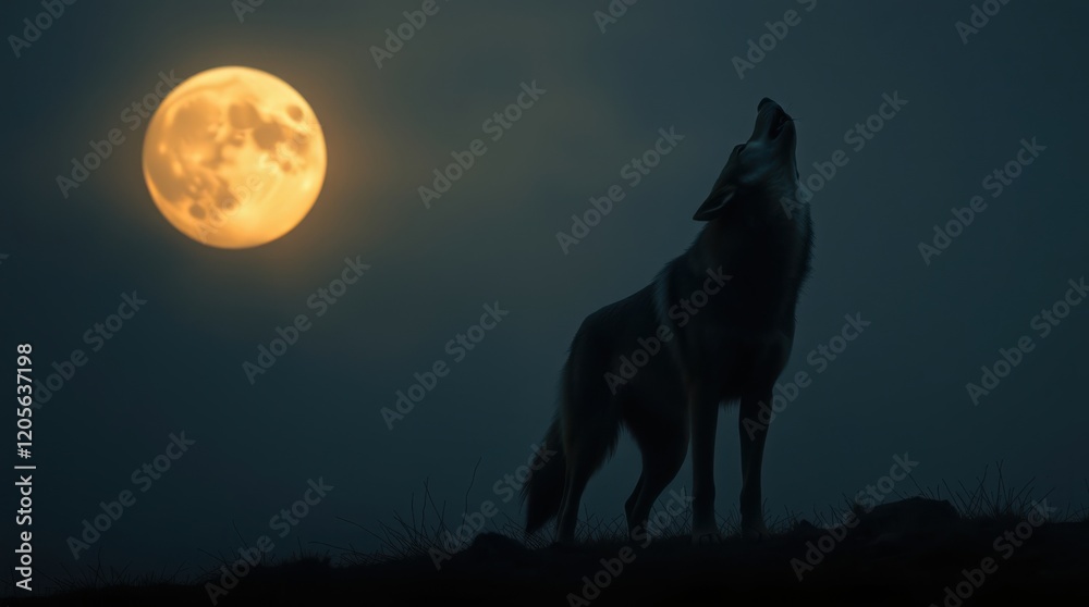 Silhouetted wolf howls at a large, bright full moon in the night sky. A dramatic and evocative scene of wilderness. Silhouetted wolf howls at a large, bright full moon in the night sky. A dramatic and evocative scene of wilderness.