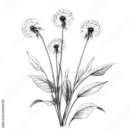 Black Contour Drawing of Dandelion Flowers