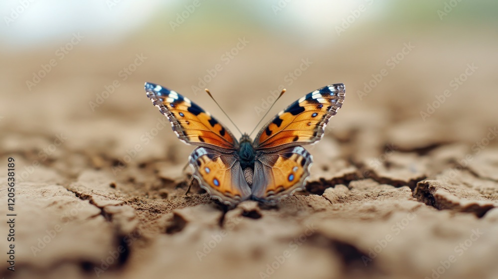 A fragile butterfly perched on dry, cracked earth, a poignant symbol of climate change's devastating impact on wildlife and fragile ecosystems This image serves as a powerful reminder of the urgent A fragile butterfly perched on dry, cracked earth, a poignant symbol of climate change's devastating impact on wildlife and fragile ecosystems This image serves as a powerful reminder of the urgent