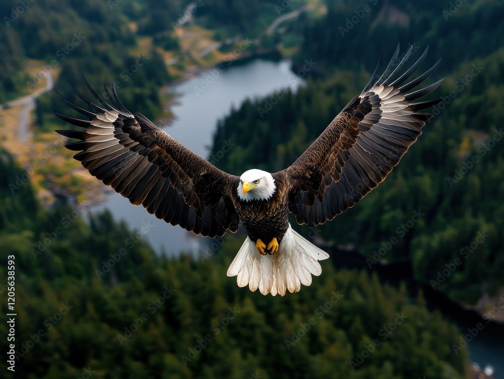 Fototapeta premium A Majestic Bald Eagle Soaring Above a Devastated Forest A Stark Reminder of Habitat Destruction and the Urgent Need for Species Preservation Witness the breathtaking power of this national symbol