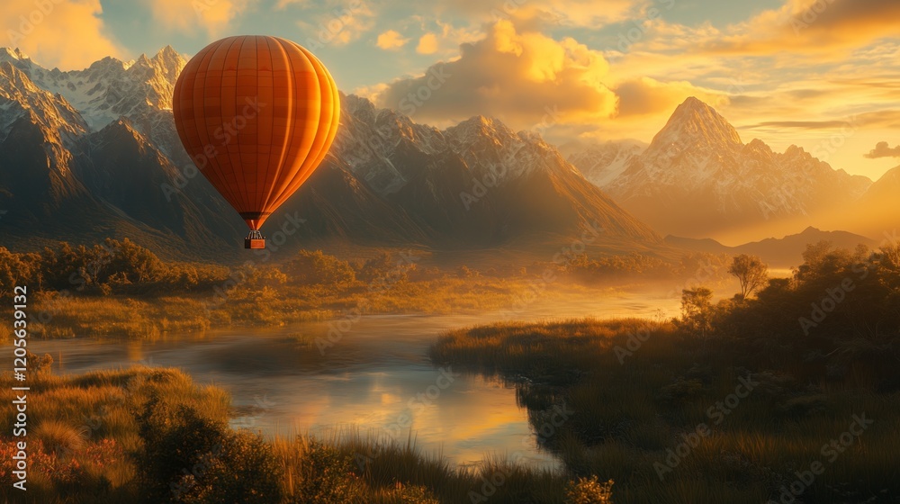 Fototapeta premium hot air balloon floating above the rugged mountains at sunrise