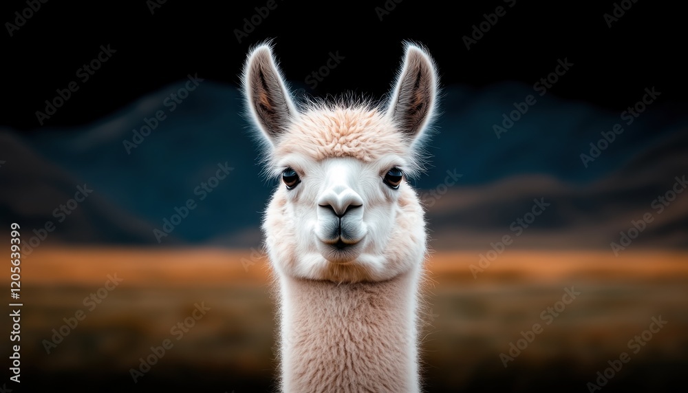 Obraz premium Charming Fluffy Llama Posing Against a Vibrant Peruvian Landscape A Captivating Blend of Wildlife and Andean Culture This stunning photograph showcases a fluffy llama with a captivating expression