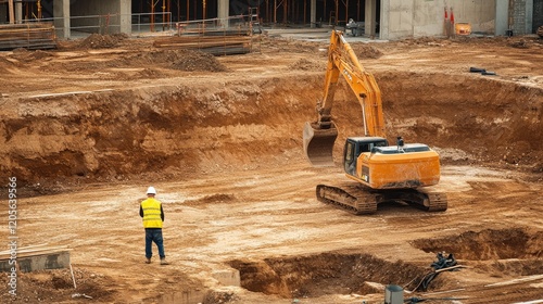 A construction worker using heavy machinery to excavate soil for a new stadium foundation, Soil excavation scene, Stadium construction style photo