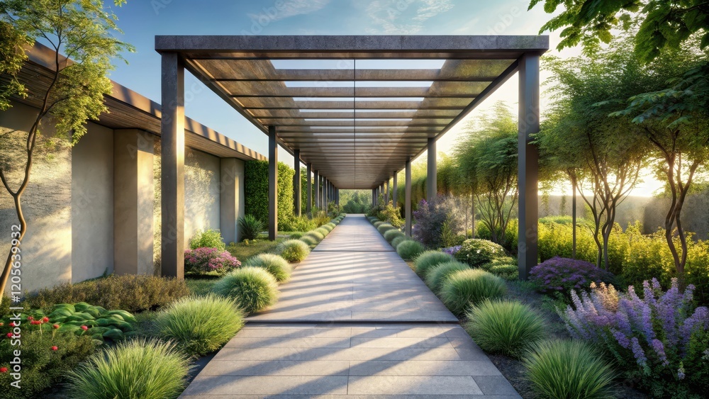 Fototapeta premium Serene Garden Path Under a Sun-Drenched Pergola, Flanked by Lush Greenery and Vibrant Blossoms