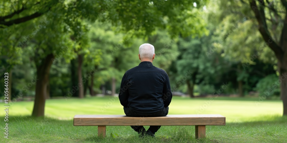 Fototapeta premium A man sits on a bench in a park. The park is lush and green, with trees surrounding the bench. The man is lost in thought, and the peaceful setting of the park adds to the overall mood of the image