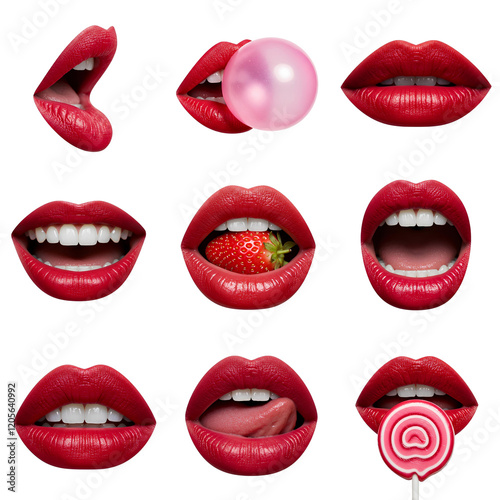 A set of lips with red lipstick showing different expressions and poses - red lips cutout stickers
