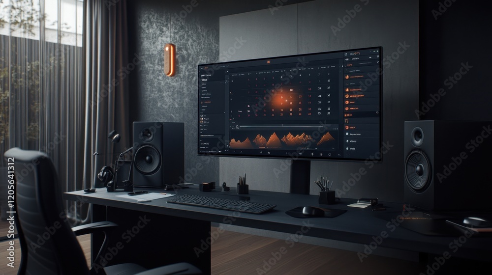 A modern desk setup with a calendar app displayed on a large monitor. A modern desk setup with a calendar app displayed on a large monitor.