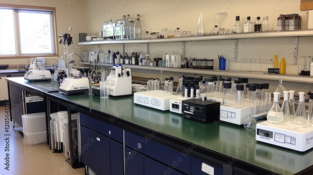 A modern lab bench with labeled chemical containers and neatly organized equipment. A modern lab bench with labeled chemical containers and neatly organized equipment.