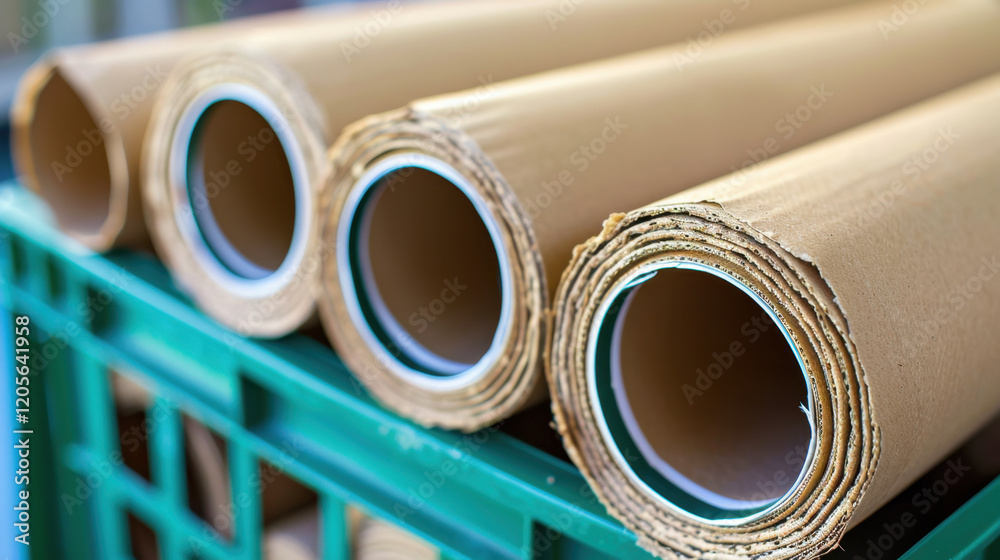 Rolls of brown paper on green crate, showcasing their cylindrical shape and texture. Ideal for packaging or crafting projects Rolls of brown paper on green crate, showcasing their cylindrical shape and texture. Ideal for packaging or crafting projects