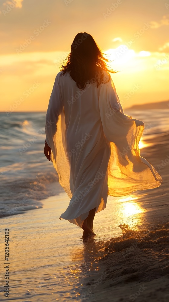 Fototapeta premium Religious figure walking on the beach at sunset 