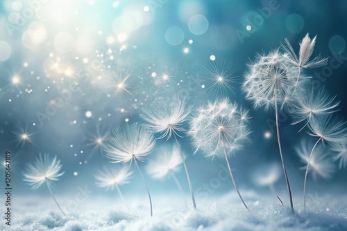 Winter's delicate dance ethereal seed heads in a snowy landscape, illuminated by a soft, magical glow.