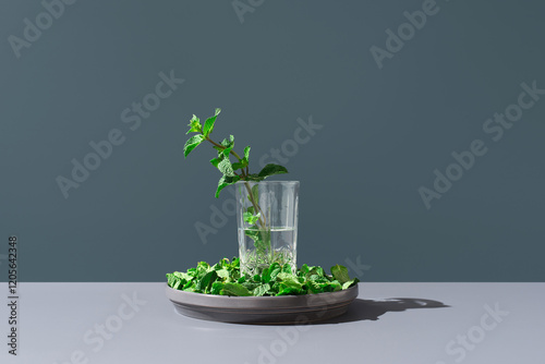 Menta aromática fresca en un jarrón con agua sobre fondo azul	