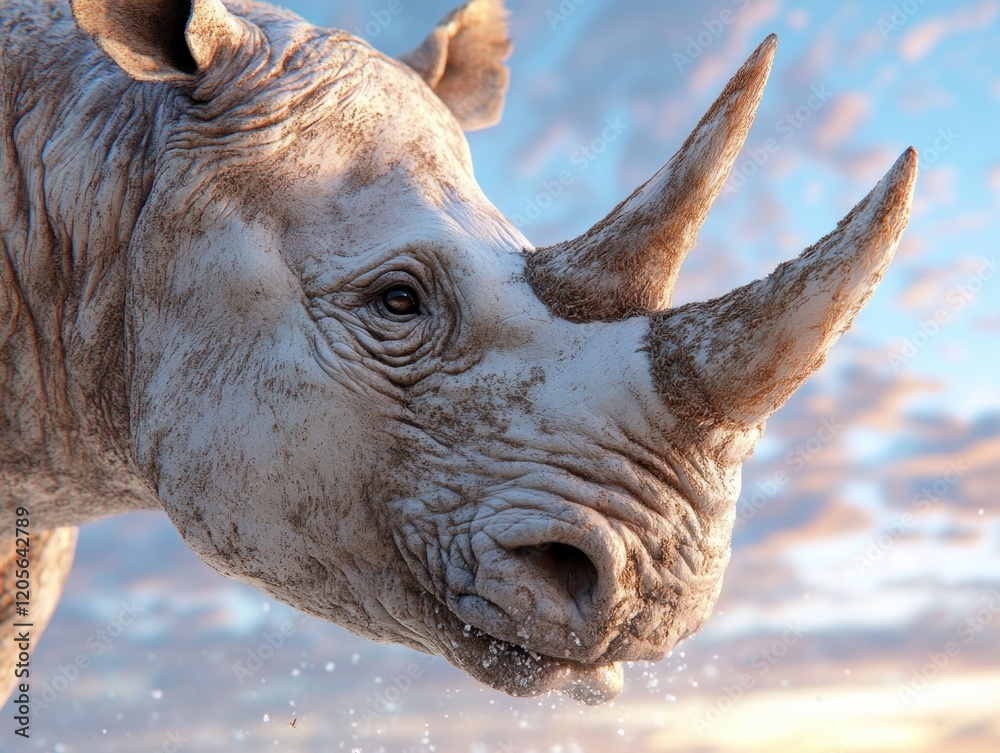 Fototapeta premium Majestic Rhino at Sunrise A Symbol of Conservation in African Safari, Endangered Wildlife Photography Witness the breathtaking beauty of a rhinoceros captured at dawn, showcasing the urgent need for