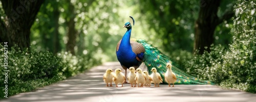 Majestic Peacock Family in Lush Tropical Forest Vibrant Adult with Adorable Chicks Following Witness the beauty of this animal family, a stunning bird and its precious offspring thriving in a vibrant photo