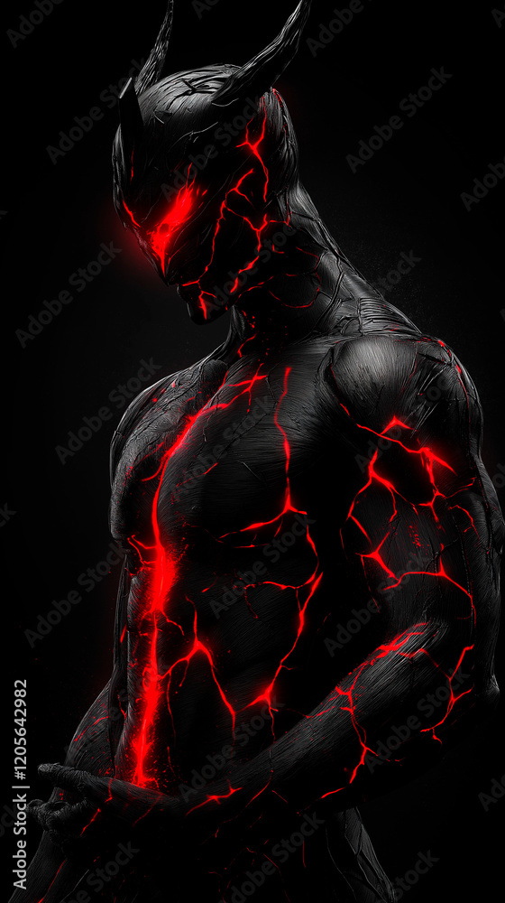 A hero for computer games. Dark humanoid figure with glowing cracks in a black background A hero for computer games. Dark humanoid figure with glowing cracks in a black background