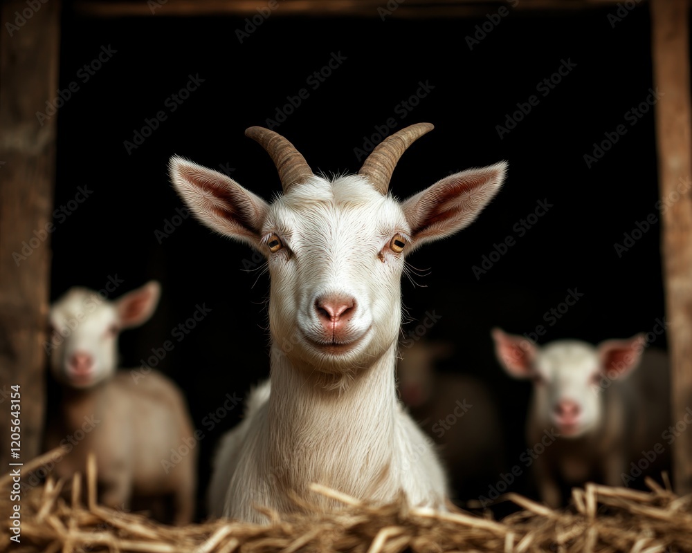 Fototapeta premium Picturesque Barn Scene Goats and Pigs Roaming Freely on a Rural Farm, Embodying Traditional Farming Practices, Idyllic Countryside Life, Rustic Charm, Animals Grazing Peacefully, Sustainable