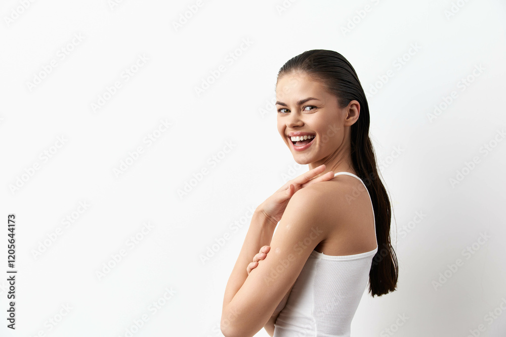 Smiling woman with long hair on a white background in a tank top, showcasing natural beauty and confidence Perfect for lifestyle and wellness themes, enhancing positivity and joy Smiling woman with long hair on a white background in a tank top, showcasing natural beauty and confidence Perfect for lifestyle and wellness themes, enhancing positivity and joy