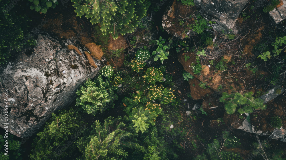 Lush greenery and rocky terrain create vibrant natural landscape, showcasing diverse plants and textures. scene evokes sense of tranquility and connection to nature Lush greenery and rocky terrain create vibrant natural landscape, showcasing diverse plants and textures. scene evokes sense of tranquility and connection to nature