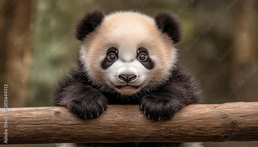 Obraz premium Watch this adorable panda cub's charming climb A captivating video captures the playful motion of a tiny panda navigating a bamboo stalk in its natural habitat Witness the irresistible cuteness and