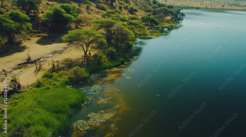 Aerial view of a tranquil lake surrounded by lush green trees and a grassy shoreline Aerial view of a tranquil lake surrounded by lush green trees and a grassy shoreline
