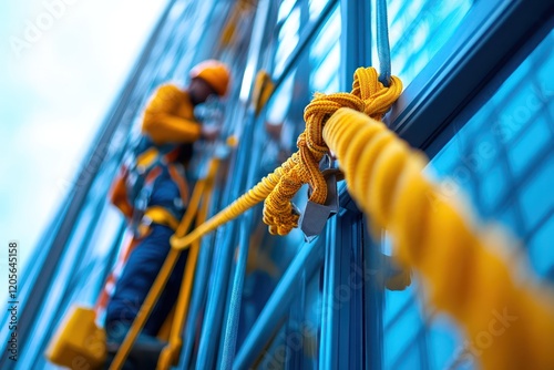 Safety check of a high-rise building's window cleaning equipment, focusing on harnesses, support systems, and operational controls.