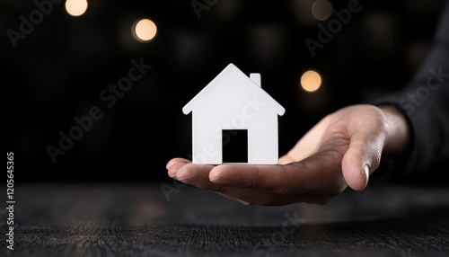 Hand holding a miniature house, symbolizing real estate and home ownership.